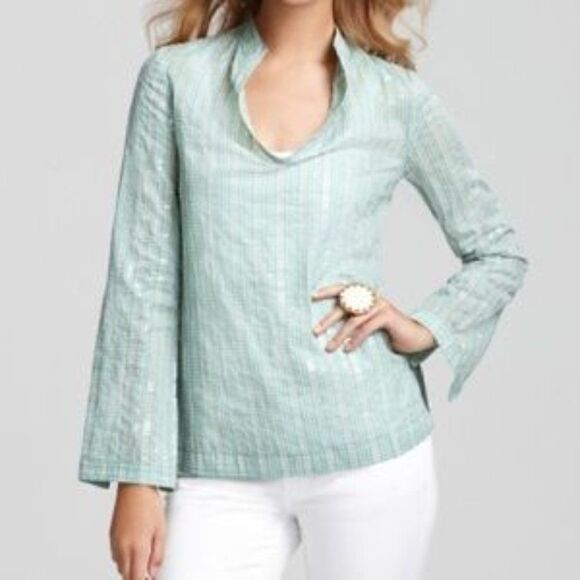 Tory Burch Green & White Sequin Stephanie Tunic. Size 6. Excellent Condition. - Picture 7 of 8